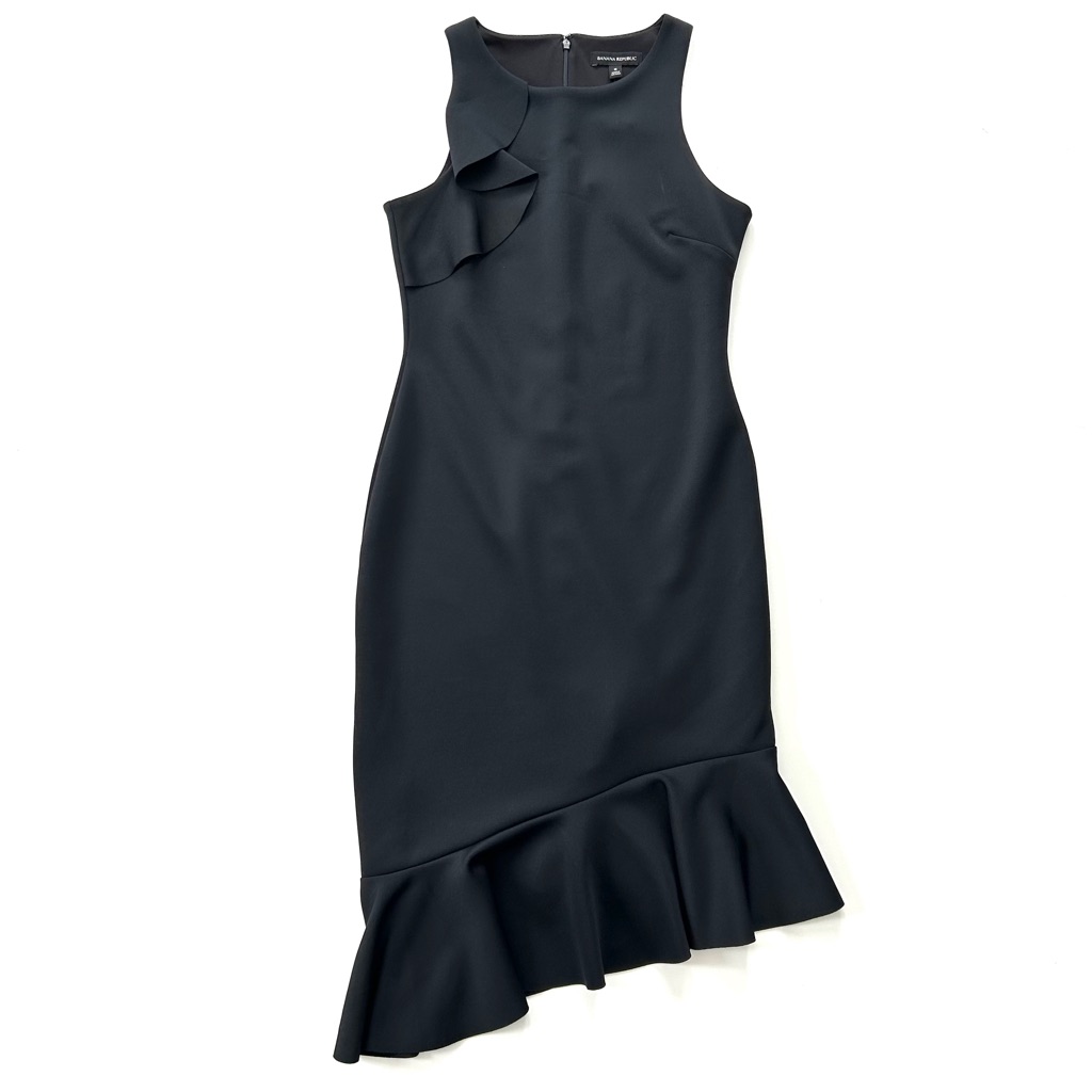 Banana Republic Black Sleeveless Asymmetrical Ruffle Stretchy Knit Dress